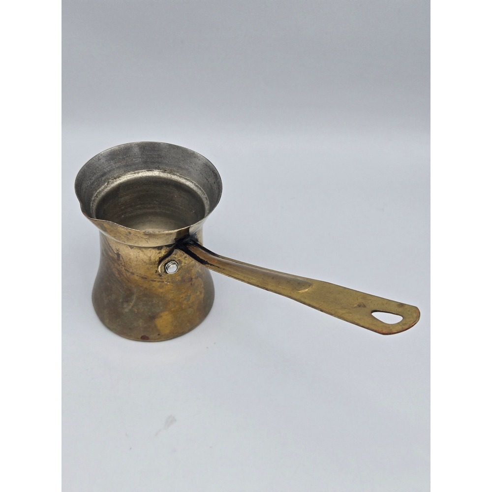 Vintage Brass Turkish Coffee Pot Ibrik Tin-Lined Brass Handle Deep Patina Rustic